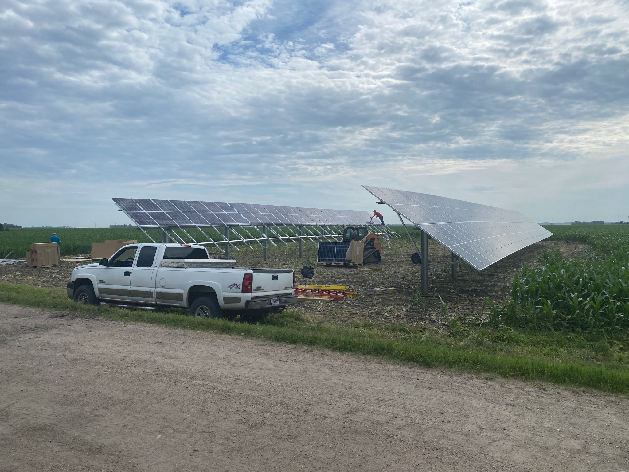 A solar crew installs solar panels in a cornfield
